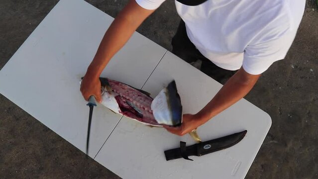Overhead shot fileting a yellowtail on a white table in the water