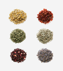 kinds of herb tea leaves, chamomile, rose hip, peppermint, lemongrass,  hibiscus,  lavender, 