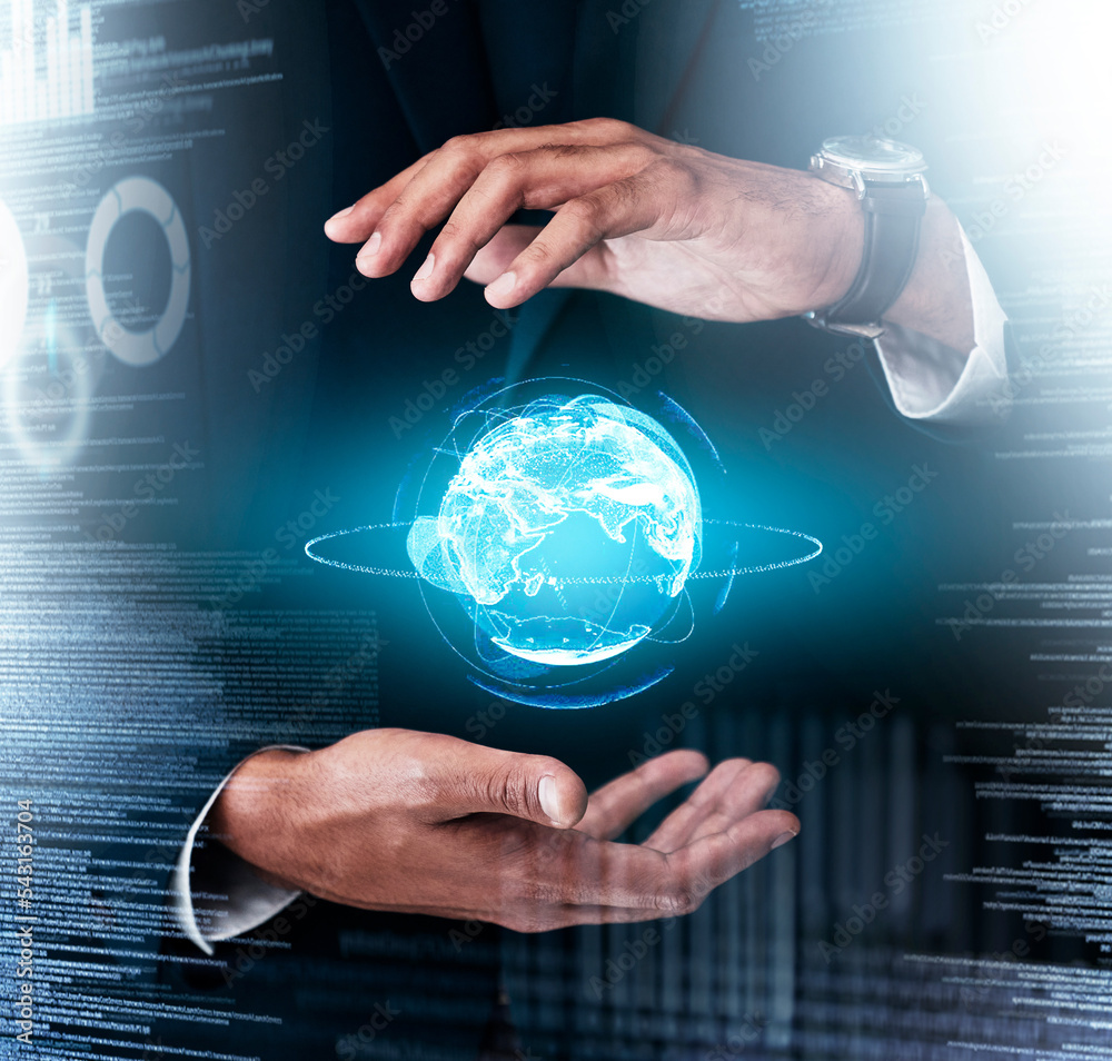 Poster Tech digital, world globe and businessman hands, hologram data blockchain or digital marketing. Growth information technology, innovation media research and cloud computing networking web technology.