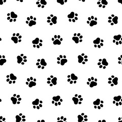 Small paw seamless pattern. Repeating cartoon black dog or cat on white background. Repeated marks pet texture for design prints. Repeat modern backdrop. Checked pawprints patern. Vector illustration  © Omeris