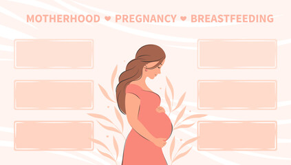 Banner about pregnancy, breastfeeding and motherhood. Pregnant woman, future mom. Tips, different data, informations expectant mothers. Vector illustration.