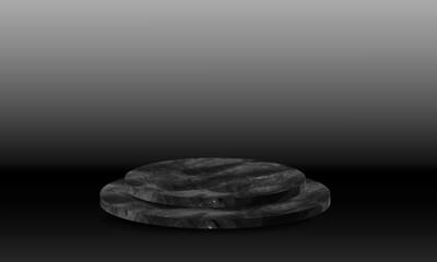 Pedestal of Platform display with modern stand podium on black room background. Blank Exhibition stage backdrop or empty product shelf. 3D rendering.