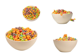 Colorful cereal box for morning breakfast. Corn flakes falling to the white bowl. Motion.