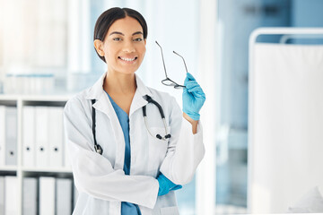 Research doctor, woman and lab employee ready for science, hospital and clinic work. Portrait of a...