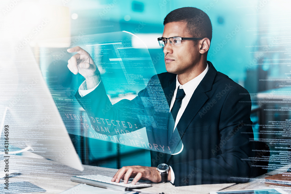 Fototapete Cyber security, safety and it with businessman and computer virus with password, phishing or hacker. Glitch, big data and futuristic with employee and hologram technology for server, software or iot