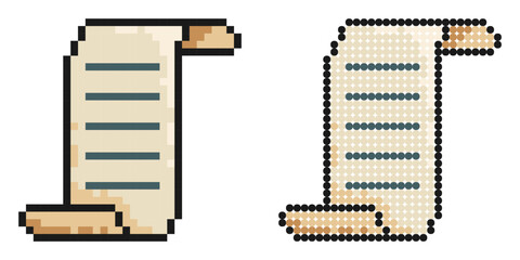 Pixel icon. Scroll paper icon. Papyrus paper rolled up. Conclusion and signing of agreement on papert. Simple retro game vector isolated on white background