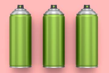 Set of spray paint cans isolated on pink background. Spray bottle and dispenser