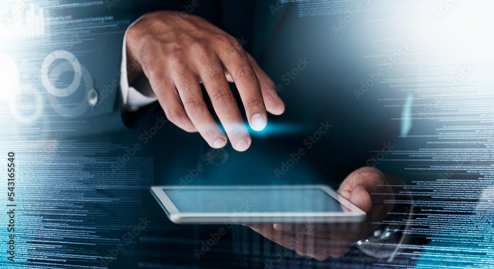Poster Digital overlay, tablet and business hands with information technology innovation, big data and cybersecurity software system. Ai futuristic, coding or software development corporate hand typing code