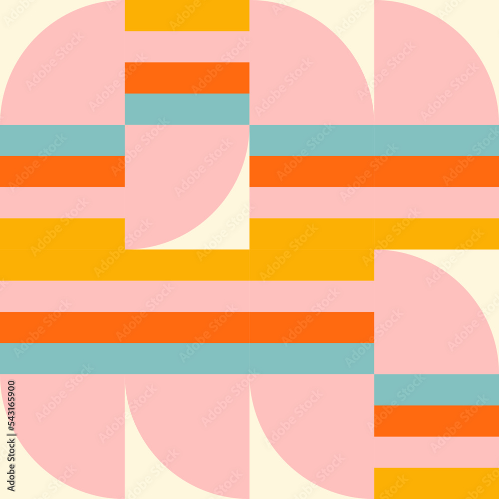 Poster Simple geometric seamless pattern. Modern abstract background with circle, semi circle, square, rectangle stripe shapes in pastel colors.