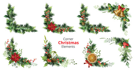 Set of corner Christmas elements with poinsettia, berries, cones, jingle bells, orange slices. Spruce corner garlands.