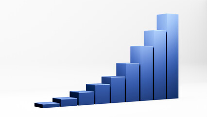 3D rendering illustration of increasing progress and growing blue bars or columns chart, corporate economic, financial or business commerce concept