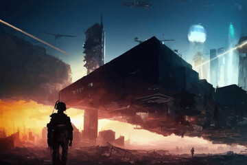 cyberpunk soldier city warfare 3d illustration