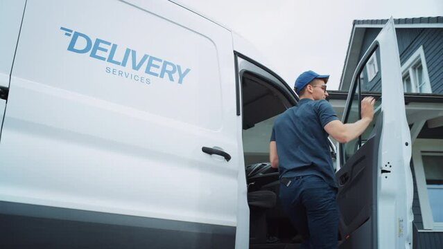 Postman Steps Out of a White Cargo Van, Takes Out a Cardboard Box Package and Goes to the House. Excited Home Owner Meets the Delivery Man, Signs the Document on a Tablet Computer and Gets the Parcel.