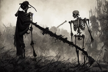 dead skeleton soldier salutes drawiing of a army corps - obrazy, fototapety, plakaty