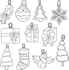 Christmas baubles. Hand-drawn collection of Christmas decorations - baubles with bows, stars, snowflakes, teardrops, trees, and gifts over white background.