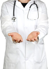 Arzt im Kittel mit Stethoskop. Hände zeigen