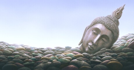 Buddha statue with the sky. Concept art of Buddhist, faith, meditation and religion. painting illustration. surreal art. - obrazy, fototapety, plakaty