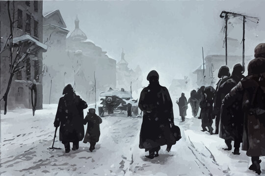 illustration of a starving peoples inside snowys town, war