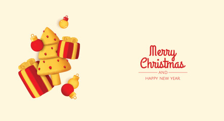 Merry Christmas and Happy New Year. Xmas Festive background with realistic 3d balls, gift and chrisrmas tree.