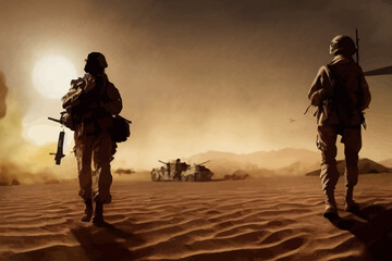 soldier in the desert during combat fight, war - obrazy, fototapety, plakaty