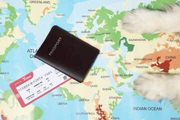 Dog lying near passport and ticket on world map, top view. Travelling with pet