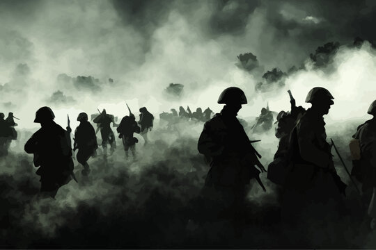 silhouettes of soldiers in battle, world war 1 scenery