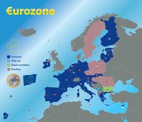 Euro zone, map of the joining countries in 2023, vector illustration