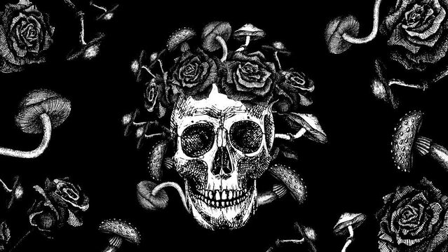 Looped background, skull in flowers and mushrooms, black and white animation from hand drawings