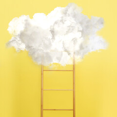 Wooden ladder leading to white cloud on yellow background. Concept of growth and development