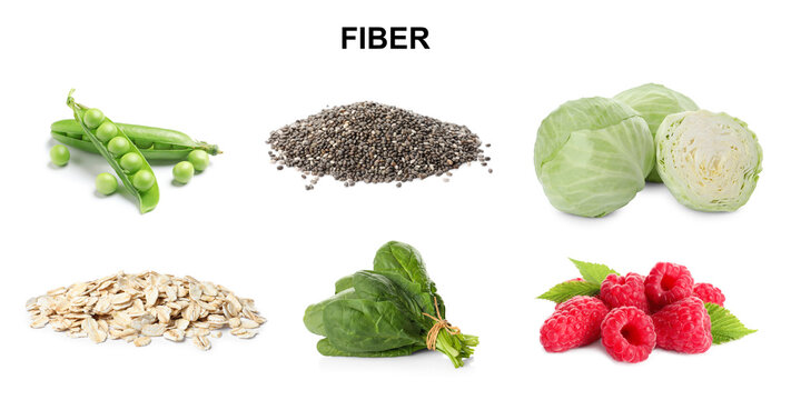 Set with different products rich in fiber on white background. Banner design