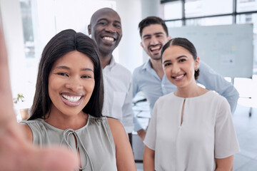 Happy, selfie and office team friends together in workplace pose for social media photograph. Smile, happiness or trust of business people or staff people in corporate business with company diversity
