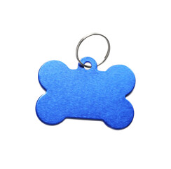 Blue metal bone shaped dog tag with ring isolated on white