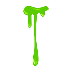 Green snot slime splash and blob. Vector illustration of sticky mucus splat or dripping goo liquid. Cartoon slimy droplet isolated on white