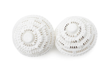 Dryer balls for washing machine on white background, top view. Laundry detergent substitute