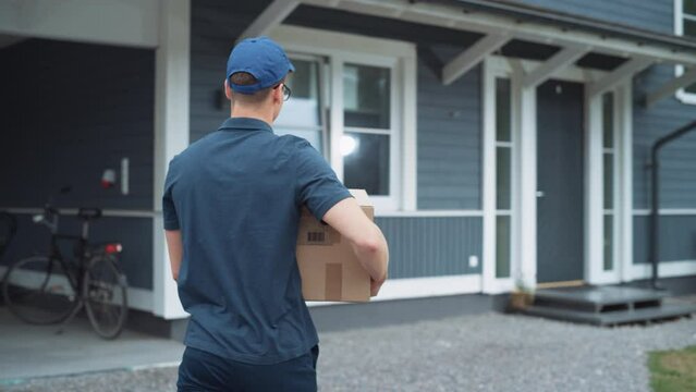 Portrait of a Handsome Young Homeowner Receiving an Awaited Parcel from a Cheerful Mailman. Postal Service Worker Comes to the House to Make a Door to Door Delivery and Get a POD Signature on Tablet.
