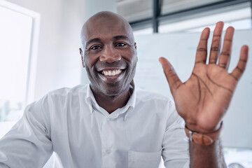 Business video call, wave and black man in office, video conference or meeting. Portrait, hello or greeting of male employee from Nigeria in pov webinar, online sales workshop or interview video chat - obrazy, fototapety, plakaty