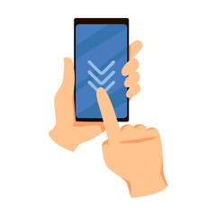 Move finger down the screen, touch to screen of mobile phone. Vector illustration of hand with smartphone, cellphone or tablet isolated on white