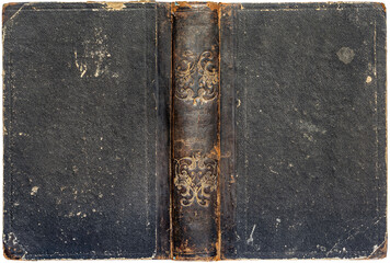 Old open book cover with worn textured grungy paper boards, cracked embossed brown leather spine...