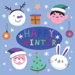 Christmas, New Year cute elemets set patches of Santa Claus, rabbit, elf and snowman head,candy, gift, ball, Christmas tree on blue background. Vector illustration. EPS