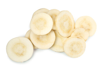 Tasty cut fresh ripe parsnip on white background, top view