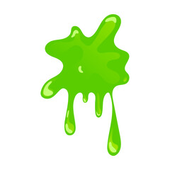 Green slime splash and blob stuck to the wall. Vector illustration of sticky mucus splat or dripping goo liquid. Cartoon slimy droplet isolated on white
