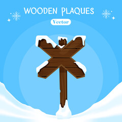 Vector wooden pointer, winter-style board under white snow.  A game resource of the shield, a design element in a cartoon style. © ODES