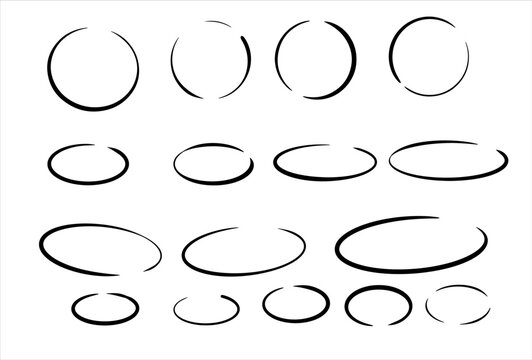 Set of circles. Geometric round. Collection of black sketch ring and oval shapes.