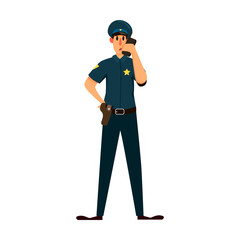 Policeman character calls for reinforcements on radio. Vector illustration of patrol officer in cop. Cartoon Policeman isolated on white