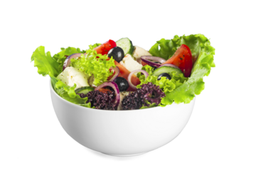 Close-up photo of fresh salad with vegetables in white plate