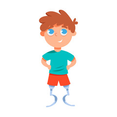 Boy with prosthetic legs. Kid with disabilities vector illustration. Cartoon child without legs isolated on white background