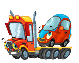 cartoon scene with tow truck driving with load other car isolated illustration for children