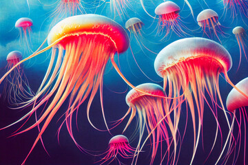 Fototapeta premium Group of colorful jellyfish underwater. Fantastic creatures, fantasy design, colorful dreamy creatures
