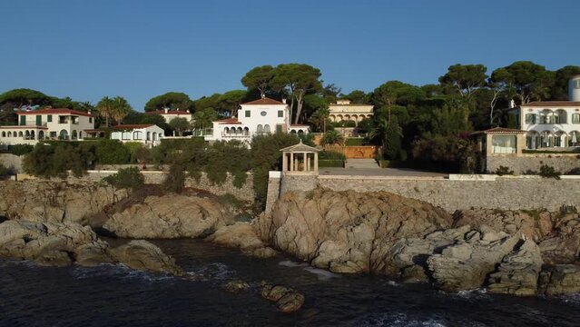 Aerial view of the Cami de Ronda and the pergola in the senya blanca, in the town of S'Agaro, on the Costa Brava, Catalonia, Spain.