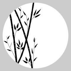 White circle, drawing of bamboo trees. Round frame with branches, bamboo leaves, copy space. Minimalistic background, template for postcard, cover, poster, flyer, banner. Oriental restrained style.